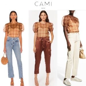 NEW Cami NYC Beige Bethany Puff Sleeve Mesh Plaid Bodysuit Size Medium